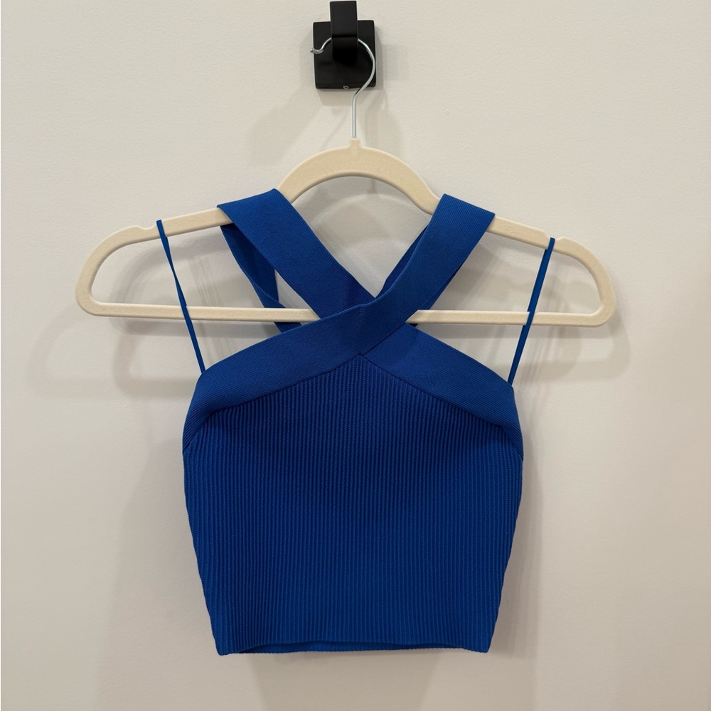 Aritzia Sculpt Knit Blue Cross-Back Crop Top